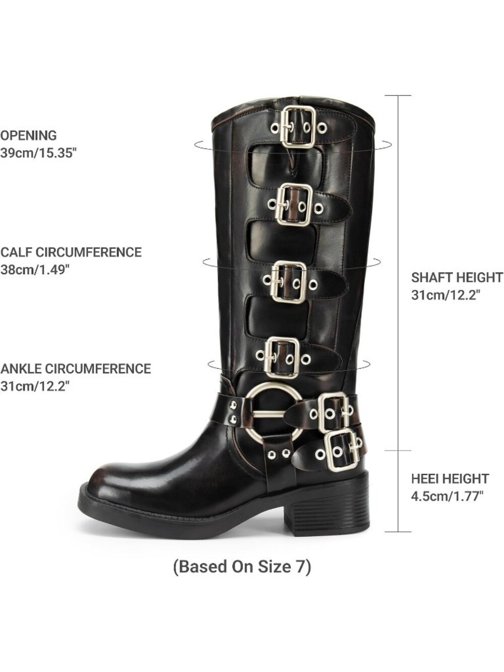 Women's Black/Brown Faux Leather Adjustable Buckles Chunky Heel Knee High Boots - Picture 4 of 6